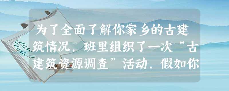 为了全面了解你家乡的古建筑情况,班里组织了一次“古建筑资源调查”活动,假如你被指定为这次活动策划人,请你完成下面的任务。为了让同学们对本地 为了全面了解你家乡的古建筑情况,班里组织了一次“古建筑资源调查”活动,假如你被指定为这次活动策划人,请你完成下面的任务。为了让同学们对本地