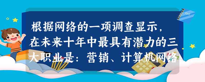 根据网络的一项调查显示,在未来十年中最具有潜力的三大职业是:营销、计算机网络、财务审计类。因此陈玉规划了自己的未来。你认为不可行的是A.重视品德修养B.树立 根据网络的一项调查显示,在未来十年中最具有潜力的三大职业是:营销、计算机网络、财务审计类。因此陈玉规划了自己的未来。你认为不可行的是A.重视品德修养B.树立