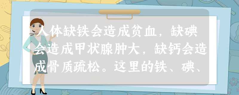 人体缺铁会造成贫血,缺碘会造成甲状腺肿大,缺钙会造成骨质疏松。这里的铁、碘、钙是指A.单质B.元素C.金属离子D.分子 人体缺铁会造成贫血,缺碘会造成甲状腺肿大,缺钙会造成骨质疏松。这里的铁、碘、钙是指A.单质B.元素C.金属离子D.分子