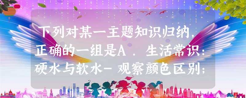 下列对某一主题知识归纳,正确的一组是A.生活常识:硬水与软水-观察颜色区别;人体缺乏钙元素-导致甲状腺肿大B.物质鉴别:食盐与亚硝酸钠--品尝味道;硫酸 下列对某一主题知识归纳,正确的一组是A.生活常识:硬水与软水-观察颜色区别;人体缺乏钙元素-导致甲状腺肿大B.物质鉴别:食盐与亚硝酸钠--品尝味道;硫酸