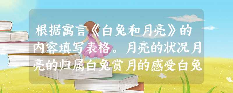 根据寓言《白兔和月亮》的内容填写表格。月亮的状况月亮的归属白兔赏月的感受白兔 根据寓言《白兔和月亮》的内容填写表格。月亮的状况月亮的归属白兔赏月的感受白兔