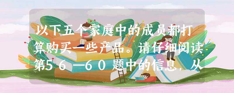 以下五个家庭中的成员都打算购买一些产品。请仔细阅读第56—60题中的信息,从A到F的六个选项中,选出适合他/她拟购买产品的最佳广告语,其中一项为多余选项。小题1 以下五个家庭中的成员都打算购买一些产品。请仔细阅读第56—60题中的信息,从A到F的六个选项中,选出适合他/她拟购买产品的最佳广告语,其中一项为多余选项。小题1