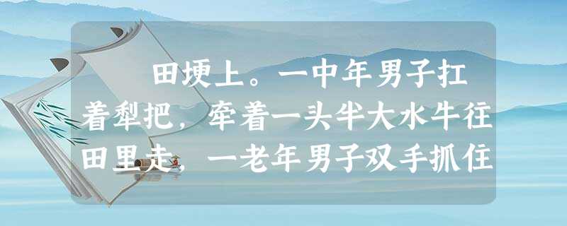 田埂上。一中年男子扛着犁把,牵着一头半大水牛往田里走,一老年男子双手抓住牛尾巴使劲往后拽。 中年男子:爹,你拽牛干啥呢 田埂上。一中年男子扛着犁把,牵着一头半大水牛往田里走,一老年男子双手抓住牛尾巴使劲往后拽。 中年男子:爹,你拽牛干啥呢
