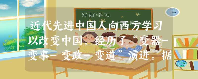 近代先进中国人向西方学习以改变中国,经历了“变器-变事-变政-变道”演进。据此回答20~22小题小题1:“变器”主张出现的原因A.西方工业革命,中国鸦片战争失败 近代先进中国人向西方学习以改变中国,经历了“变器-变事-变政-变道”演进。据此回答20~22小题小题1:“变器”主张出现的原因A.西方工业革命,中国鸦片战争失败