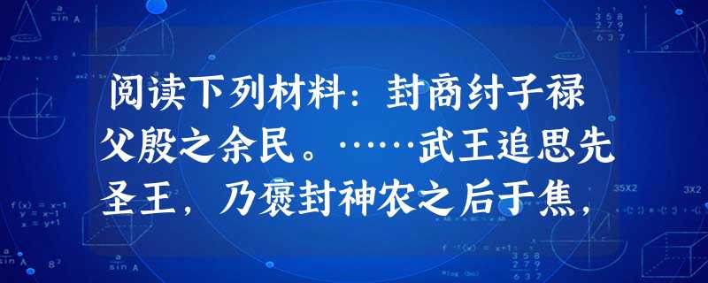 阅读下列材料:封商纣子禄父殷之余民。……武王追思先圣王,乃褒封神农之后于焦,黄帝之后于祝……封功臣谋士……封尚父于营丘,曰齐。封弟周公旦于曲阜,曰鲁。 阅读下列材料:封商纣子禄父殷之余民。……武王追思先圣王,乃褒封神农之后于焦,黄帝之后于祝……封功臣谋士……封尚父于营丘,曰齐。封弟周公旦于曲阜,曰鲁。