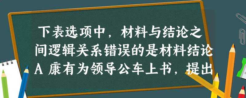 下表选项中,材料与结论之间逻辑关系错误的是材料结论A康有为领导公车上书,提出拒和、迁都、变法的主张。公车上书揭开了维新变法运动的序幕。B1895年,康有为在北京 下表选项中,材料与结论之间逻辑关系错误的是材料结论A康有为领导公车上书,提出拒和、迁都、变法的主张。公车上书揭开了维新变法运动的序幕。B1895年,康有为在北京