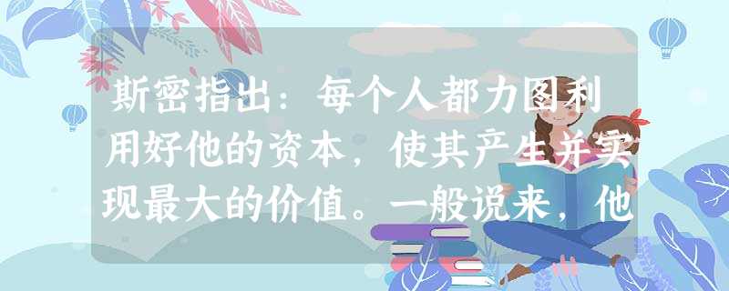 斯密指出:每个人都力图利用好他的资本,使其产生并实现最大的价值。一般说来,他并不企图增进公共福利,也不知道他实际上所增进的公共福利是多少。他所追求的仅 斯密指出:每个人都力图利用好他的资本,使其产生并实现最大的价值。一般说来,他并不企图增进公共福利,也不知道他实际上所增进的公共福利是多少。他所追求的仅