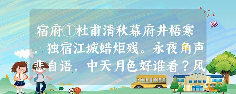 宿府①杜甫清秋幕府井梧寒,独宿江城蜡炬残。永夜角声悲自语,中天月色好谁看?风尘荏苒音书绝,关塞萧条行路难。已忍伶俜②十年 宿府①杜甫清秋幕府井梧寒,独宿江城蜡炬残。永夜角声悲自语,中天月色好谁看?风尘荏苒音书绝,关塞萧条行路难。已忍伶俜②十年