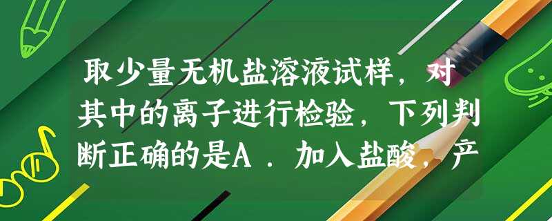 取少量无机盐溶液试样,对其中的离子进行检验,下列判断正确的是A.加入盐酸,产生能使澄清石灰水变浑浊的无色气体,则试样中一定含CO32-B.加入KSCN溶液,无明 取少量无机盐溶液试样,对其中的离子进行检验,下列判断正确的是A.加入盐酸,产生能使澄清石灰水变浑浊的无色气体,则试样中一定含CO32-B.加入KSCN溶液,无明