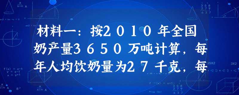 材料一:按2010年全国奶产量3650万吨计算,每年人均饮奶量为27千克,每天人均只有77克。世界每年人均,饮奶量达90千克,发达国家超过270千克。材料 材料一:按2010年全国奶产量3650万吨计算,每年人均饮奶量为27千克,每天人均只有77克。世界每年人均,饮奶量达90千克,发达国家超过270千克。材料