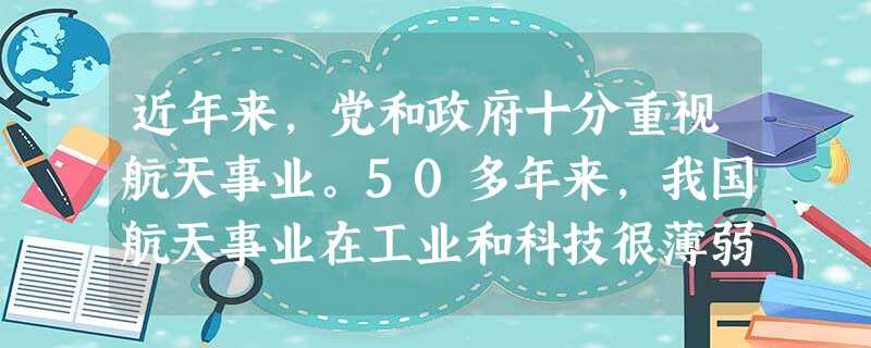 近年来,党和政府十分重视航天事业。50多年来,我国航天事业在工业和科技很薄弱的基础上起步,从无到有、从小到大,在战略战术导弹、运载火箭和卫星、载人航天等主要领域 近年来,党和政府十分重视航天事业。50多年来,我国航天事业在工业和科技很薄弱的基础上起步,从无到有、从小到大,在战略战术导弹、运载火箭和卫星、载人航天等主要领域
