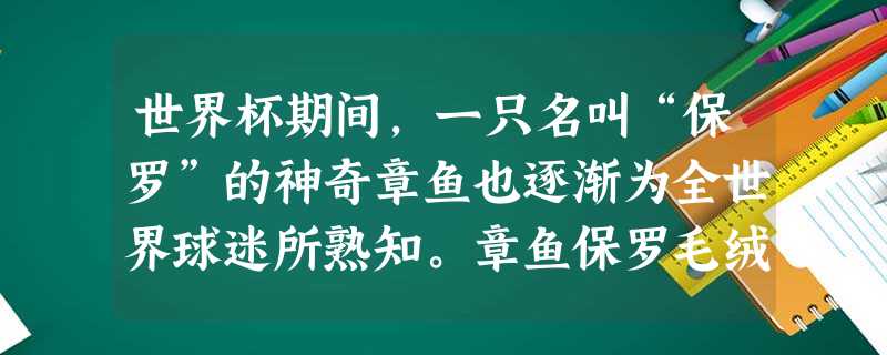 世界杯期间,一只名叫“保罗”的神奇章鱼也逐渐为全世界球迷所熟知。章鱼保罗毛绒公仔、章鱼哥纸巾抽、世界杯章鱼哥T恤……随着章鱼保罗猜中南非世界杯比赛胜负而风靡全球 世界杯期间,一只名叫“保罗”的神奇章鱼也逐渐为全世界球迷所熟知。章鱼保罗毛绒公仔、章鱼哥纸巾抽、世界杯章鱼哥T恤……随着章鱼保罗猜中南非世界杯比赛胜负而风靡全球
