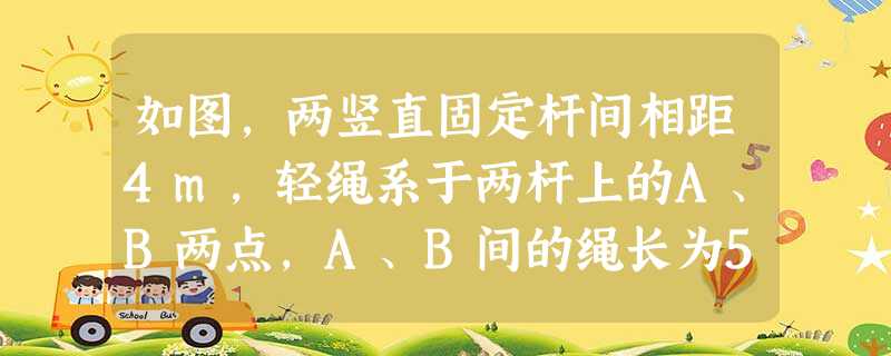 如图,两竖直固定杆间相距4m,轻绳系于两杆上的A、B两点,A、B间的绳长为5m。重G=80N的物体p用重力不计的光滑挂钩挂在绳上而静止,求绳中拉力T 如图,两竖直固定杆间相距4m,轻绳系于两杆上的A、B两点,A、B间的绳长为5m。重G=80N的物体p用重力不计的光滑挂钩挂在绳上而静止,求绳中拉力T