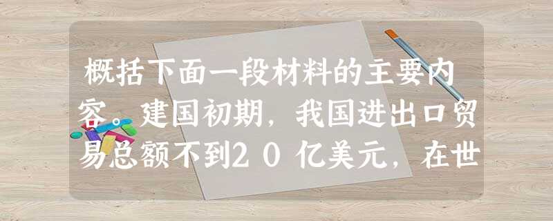 概括下面一段材料的主要内容。建国初期,我国进出口贸易总额不到20亿美元,在世界贸易中微不足道。2003年,我国进出口贸易总额达到8512.1亿 概括下面一段材料的主要内容。建国初期,我国进出口贸易总额不到20亿美元,在世界贸易中微不足道。2003年,我国进出口贸易总额达到8512.1亿