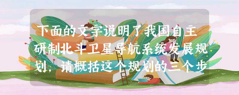 下面的文字说明了我国自主研制北斗卫星导航系统发展规划,请概括这个规划的三个步骤。 我国权威航天专家孙家栋院士介绍,北斗卫星导航系统是国家非常关 下面的文字说明了我国自主研制北斗卫星导航系统发展规划,请概括这个规划的三个步骤。 我国权威航天专家孙家栋院士介绍,北斗卫星导航系统是国家非常关