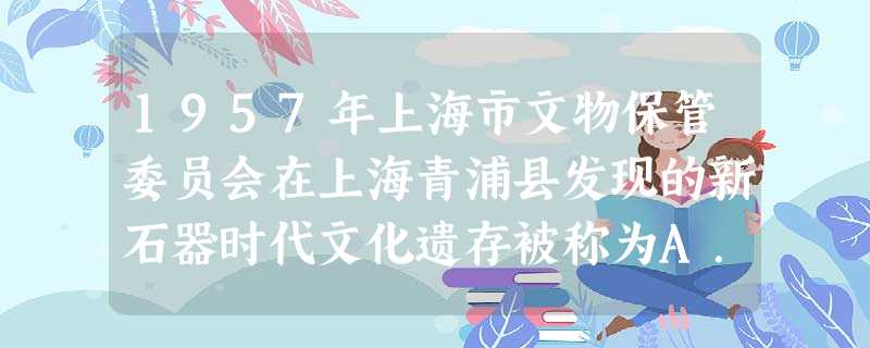 1957年上海市文物保管委员会在上海青浦县发现的新石器时代文化遗存被称为A.马家浜文化 B.崧泽文化C.良渚文化 D.海派文化 1957年上海市文物保管委员会在上海青浦县发现的新石器时代文化遗存被称为A.马家浜文化 B.崧泽文化C.良渚文化 D.海派文化