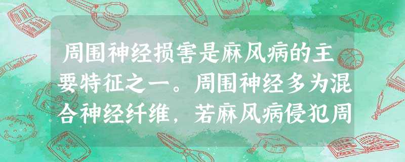周围神经损害是麻风病的主要特征之一。周围神经多为混合神经纤维,若麻风病侵犯周围神经则出现较早 周围神经损害是麻风病的主要特征之一。周围神经多为混合神经纤维,若麻风病侵犯周围神经则出现较早