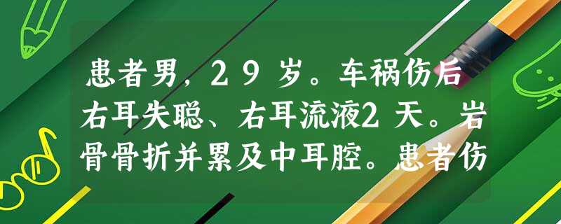 患者男,29岁。车祸伤后右耳失聪、右耳流液2天。岩骨骨折并累及中耳腔。患者伤后患侧听觉立即失聪。查 患者男,29岁。车祸伤后右耳失聪、右耳流液2天。岩骨骨折并累及中耳腔。患者伤后患侧听觉立即失聪。查