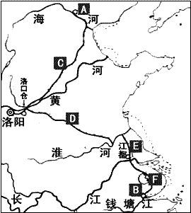 请你仔细观察《隋朝大运河》图,按英文字母所在位置填写相应地名。运河两端:A.__________________________ 请你仔细观察《隋朝大运河》图,按英文字母所在位置填写相应地名。运河两端:A.__________________________