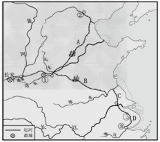 填图:请你依据下面这幅地图,填出①、 ②、 ③三个地点。填出A、B、C、D四段河渠名称。 填图:请你依据下面这幅地图,填出①、 ②、 ③三个地点。填出A、B、C、D四段河渠名称。