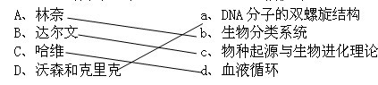 将科学家与对应的贡献连线。A.林奈 a、DNA分子的双螺旋结构B.达尔文 b、生物分类系统C.哈维 c、物种起源与生物进化理论D.沃森和克里克 d、血液循环 将科学家与对应的贡献连线。A.林奈 a、DNA分子的双螺旋结构B.达尔文 b、生物分类系统C.哈维 c、物种起源与生物进化理论D.沃森和克里克 d、血液循环