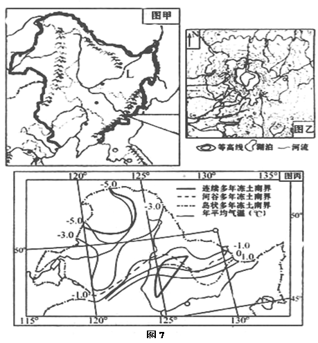 图7中图乙为图甲某地的等高线图, 图丙是图甲中部分地区的多年冻土南界分布图,结合三图回答有关问题。冻土带对自然环境和人类活动的影响较大,试表述其表现。(6 图7中图乙为图甲某地的等高线图, 图丙是图甲中部分地区的多年冻土南界分布图,结合三图回答有关问题。冻土带对自然环境和人类活动的影响较大,试表述其表现。(6