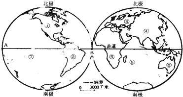 读东西半球回答问题:写出图中数字所代表的大洲、大洋名称:①______②______⑤______⑥______⑦______⑧______①洲和②