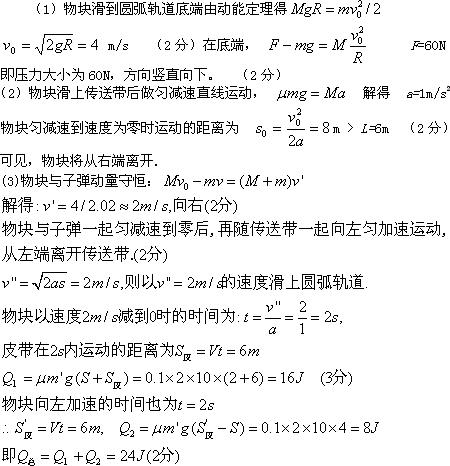 如图所示,一个质量为M=2kg的物块从光滑的四分之一圆弧轨道半径 R端由静止滑下,圆弧轨道半径R=0.8m,到达底端时恰好进入与圆弧相切的水平传送 如图所示,一个质量为M=2kg的物块从光滑的四分之一圆弧轨道半径 R端由静止滑下,圆弧轨道半径R=0.8m,到达底端时恰好进入与圆弧相切的水平传送