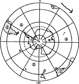 阅读如图,完成要求.请在图上标出地球自转方向.写出图中数字所代表的大洲、大洋名称.大洲:①______,②______,③______;大洋:④__