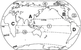 读下面地图,回答:写出图中字母所表示的大洲名称A.______B.______C.______D.______写出图中数字所表示的大洋名称①____