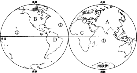 读图回答问题写出图中字母所表示的大洲名称:A______,B______,C______,D______.写出图中数字所表示的大洋名称①______