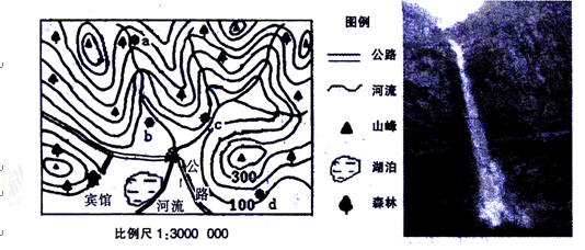 下图为“某地等高线图”及瀑布景观图,该地位于37°N与4°W。 交点附近。读图回答下列各题。小题1:图中abcd四个地点,可以看到右图瀑布景观的是A.aB.bC 下图为“某地等高线图”及瀑布景观图,该地位于37°N与4°W。 交点附近。读图回答下列各题。小题1:图中abcd四个地点,可以看到右图瀑布景观的是A.aB.bC