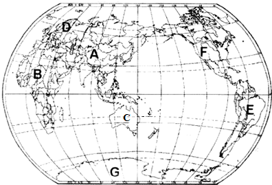 读世界地图完成下列各项.图中英文字母所代表的大洲是:A______洲;B______洲;C______洲;D______洲;E______洲;F_____