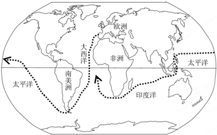 读麦哲伦环球航行示意图,回答下列问题.在400多年前,麦哲伦船队从西班牙出发,开始了那次永载史册的航海行动.麦哲伦船队离开欧洲后,依次经过的大洋和大洲是:___