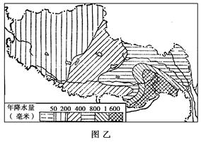 图甲、图乙分别为西藏自治区年太阳总辐射量分布示意图、年降水量分布示意图,读图回答下列问题。(26分)(1)分别说出西藏年太阳辐射总最、年降水量空间变化的总体特点 图甲、图乙分别为西藏自治区年太阳总辐射量分布示意图、年降水量分布示意图,读图回答下列问题。(26分)(1)分别说出西藏年太阳辐射总最、年降水量空间变化的总体特点