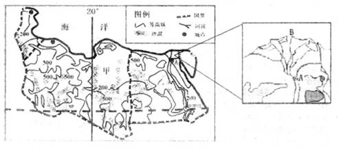 下图是世界某区域等高线地形图和局部区域放大图,读图回答下列各题。小题1:关于图中所示区域叙述正确的是A.地形以平原、丘陵为主B.地表草场广布C.乙地种植业发展条 下图是世界某区域等高线地形图和局部区域放大图,读图回答下列各题。小题1:关于图中所示区域叙述正确的是A.地形以平原、丘陵为主B.地表草场广布C.乙地种植业发展条