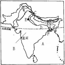 读“印度图”完成题目要求.图中A为______.D为______平原.图中C为______山脉.在图中经过孟买的短线标上箭头表示印度一