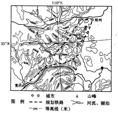 郑渝(郑州至重庆)铁路是我国高速铁路网规划的重要线路,初步规划有①线、②线两种方案。读郑渝高速铁路规划图,回答下列问题。小题1:在郑渝铁路规划的两种方案中,与方 郑渝(郑州至重庆)铁路是我国高速铁路网规划的重要线路,初步规划有①线、②线两种方案。读郑渝高速铁路规划图,回答下列问题。小题1:在郑渝铁路规划的两种方案中,与方