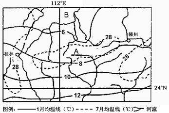 读“我国某区域1月和7月等温线分布示意图”,回答下列各题。小题1:图示区域A.A处7月平均气温高于28℃B.B处比A处的气温年较差大C.1月等温线分布主要受地形 读“我国某区域1月和7月等温线分布示意图”,回答下列各题。小题1:图示区域A.A处7月平均气温高于28℃B.B处比A处的气温年较差大C.1月等温线分布主要受地形