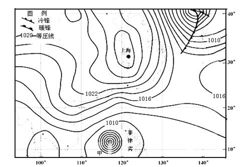 下图是亚洲东部2012年某日的海平面等压线天气图。读图,完成下列各题。小题1:此时,上海的天气状况为A.受台风影响,狂风暴雨B.受冷锋影响,寒冷大 下图是亚洲东部2012年某日的海平面等压线天气图。读图,完成下列各题。小题1:此时,上海的天气状况为A.受台风影响,狂风暴雨B.受冷锋影响,寒冷大