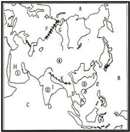 读亚洲地形分布图,回答下列问题.写出图中字母所代表的地理事物名称:A______洋,B______洋,C______洋,D______半岛,E______