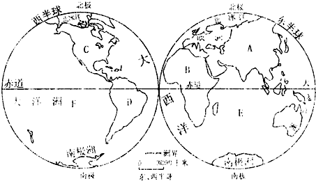 读下图,回答:写出图中字母代表的地理事物名称:大洲:A.______,大洋:F.______.亚洲濒临的海洋,北为______,东为______,南 魔方格