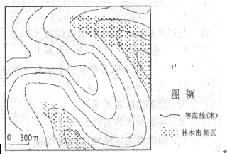 下图示意我国黄土高原某地林木的分布状况,图中相邻等高线之间高差均为30米。读图回答下列各题。小题1: 林木生长与土壤水分条件相关,图中林木密集区位于( )A.鞍 下图示意我国黄土高原某地林木的分布状况,图中相邻等高线之间高差均为30米。读图回答下列各题。小题1: 林木生长与土壤水分条件相关,图中林木密集区位于( )A.鞍
