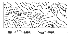 读“我国某山区公路规划线路设计图”,回答下面问题。小题1:图中公路沿线甲、乙、丙、丁四地中,海拔最高点出现在A.甲B.乙C.丙D.丁小题2:若甲、丁两点之间 读“我国某山区公路规划线路设计图”,回答下面问题。小题1:图中公路沿线甲、乙、丙、丁四地中,海拔最高点出现在A.甲B.乙C.丙D.丁小题2:若甲、丁两点之间