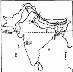读“印度图”完成题目要求.图中A为______.D为______平原.图中C为______山脉.在图中经过孟买的短线标上箭头表示印度一