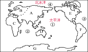 读大洲大洋分布图完成下列要求:写出下列序号代表的大洲和大洋A______、B______、D______、E______.①______、②______、 魔方格