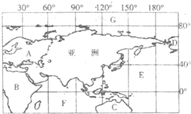 读“亚洲范围图”,回答问题.填写亚洲周围海洋的名称.E:______,F:______,G:______.亚洲西南以______运河与B洲为界.(3