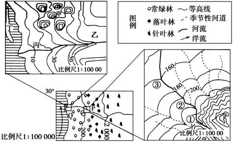 下图为某地区自然景观分布示意图,以及P、Q两区域的等高线图,读图回答下列各题。小题1:图中P处的地貌名称是A.河漫滩B.冲积扇C.三角洲D.侵蚀平原小题2: 下图为某地区自然景观分布示意图,以及P、Q两区域的等高线图,读图回答下列各题。小题1:图中P处的地貌名称是A.河漫滩B.冲积扇C.三角洲D.侵蚀平原小题2: