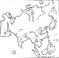 读亚洲示意图,回答:海洋名称:①______洋②______洋③______洋河流名称:④______,⑤______.山脉名称:A_____