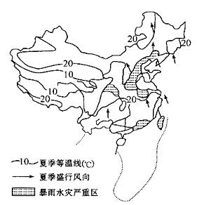 下图为我国某年夏季等温线和盛行风向图。回答下列各题。小题1:图中最低气温的成因主要是A.该处为封闭的盆地地形B. 下图为我国某年夏季等温线和盛行风向图。回答下列各题。小题1:图中最低气温的成因主要是A.该处为封闭的盆地地形B.